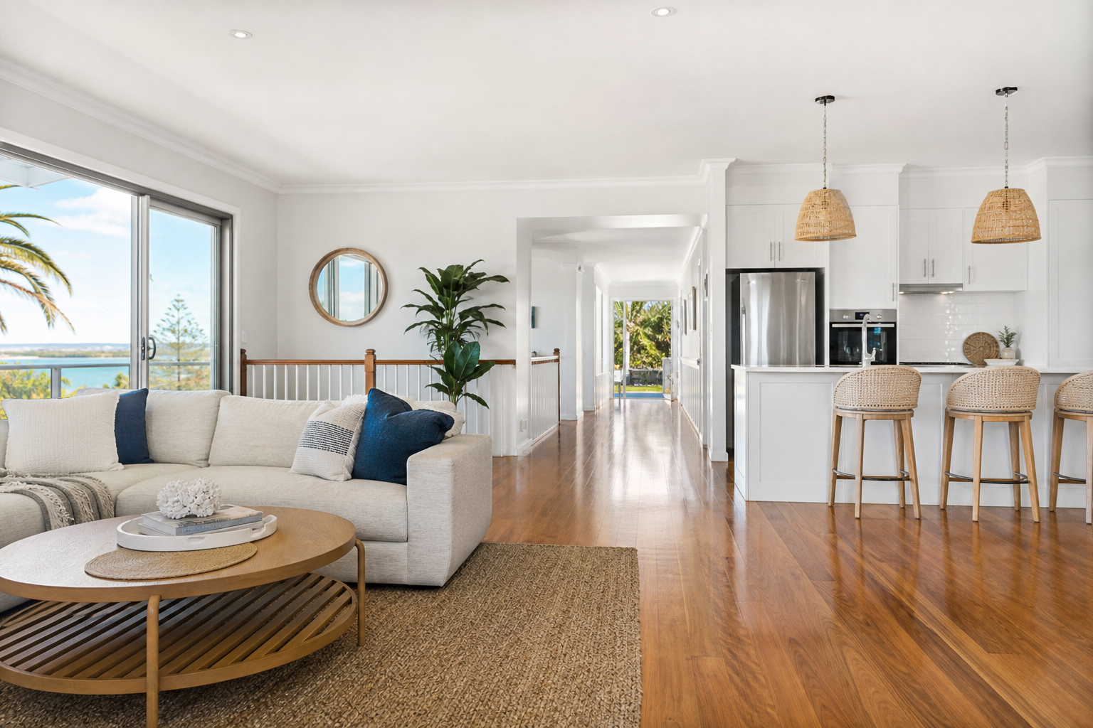 A bright coastal home interior prepared for professional cleaning
